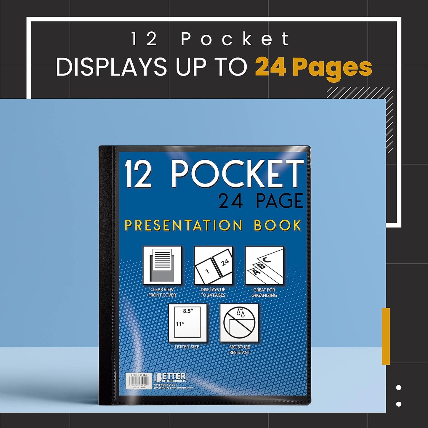 Better Office Products 12 Pocket Bound Presentation Book, Black, Clear View Front Cover, 24 Sheet Protector Pages, 8.5" x 11" Sheets, Art Portfolio, Durable Poly Covers, Letter Size (2 Pack)