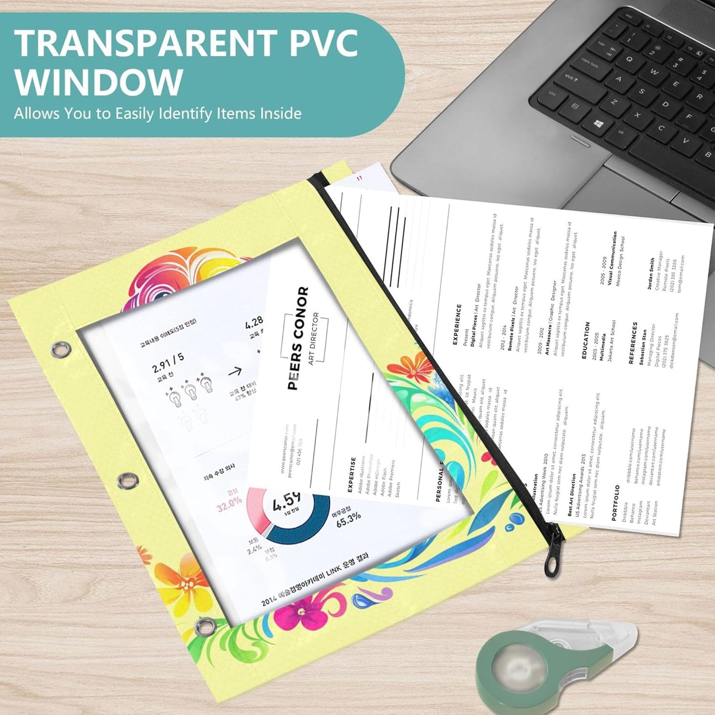 Largemouth Bass Fish 2 Pack 3 Ring Binder Pocket A4 Size Binder Pouches Clear PVC Loose Leaf Folder Sleeves Storage Bags for Files, Documents