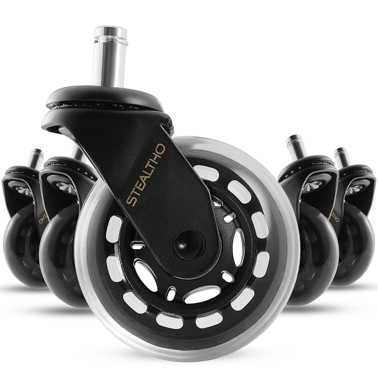 Stealtho Original Office Chair Wheels Set of 5 - Protect Hardwood Floor & Carpet - Heavy Duty Replacement Casters - Black Soft Polyurethane - Standard Fit 7/16" x 7/8"