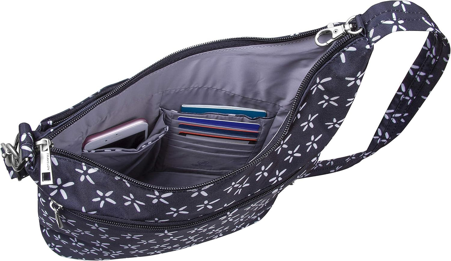 Travelon Anti-Theft Signature 3 Compartment Crossbody, Straight Pocket (A B/W SMALL FLOWER PRINT)
