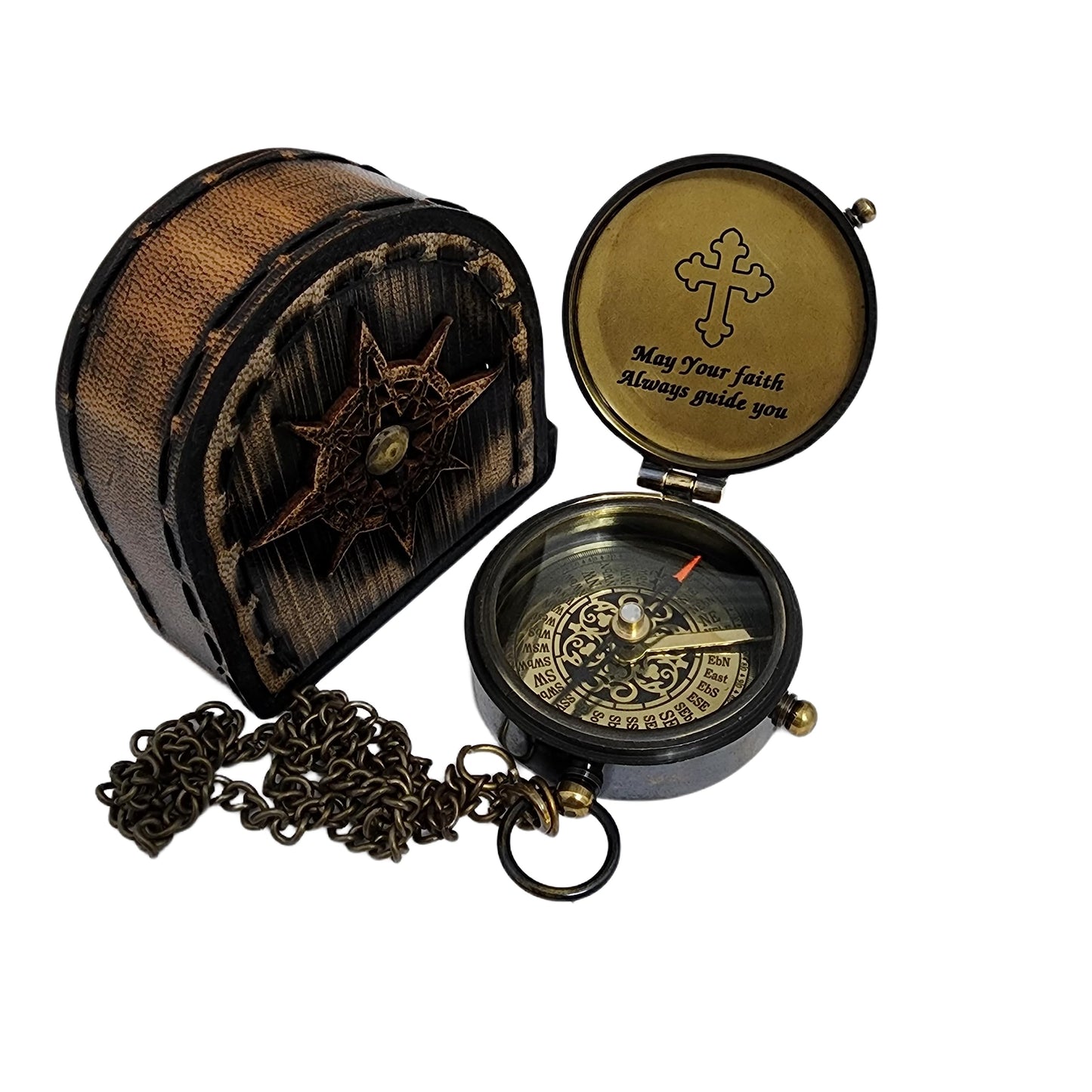 ANTIQUANA Trust in The Lord Engraved Compass with Authentic Leather Case Brass Compass Directional Compass, Baptism Gifts for Boys & Girls, First Communion (May Your Faith withLeather case)