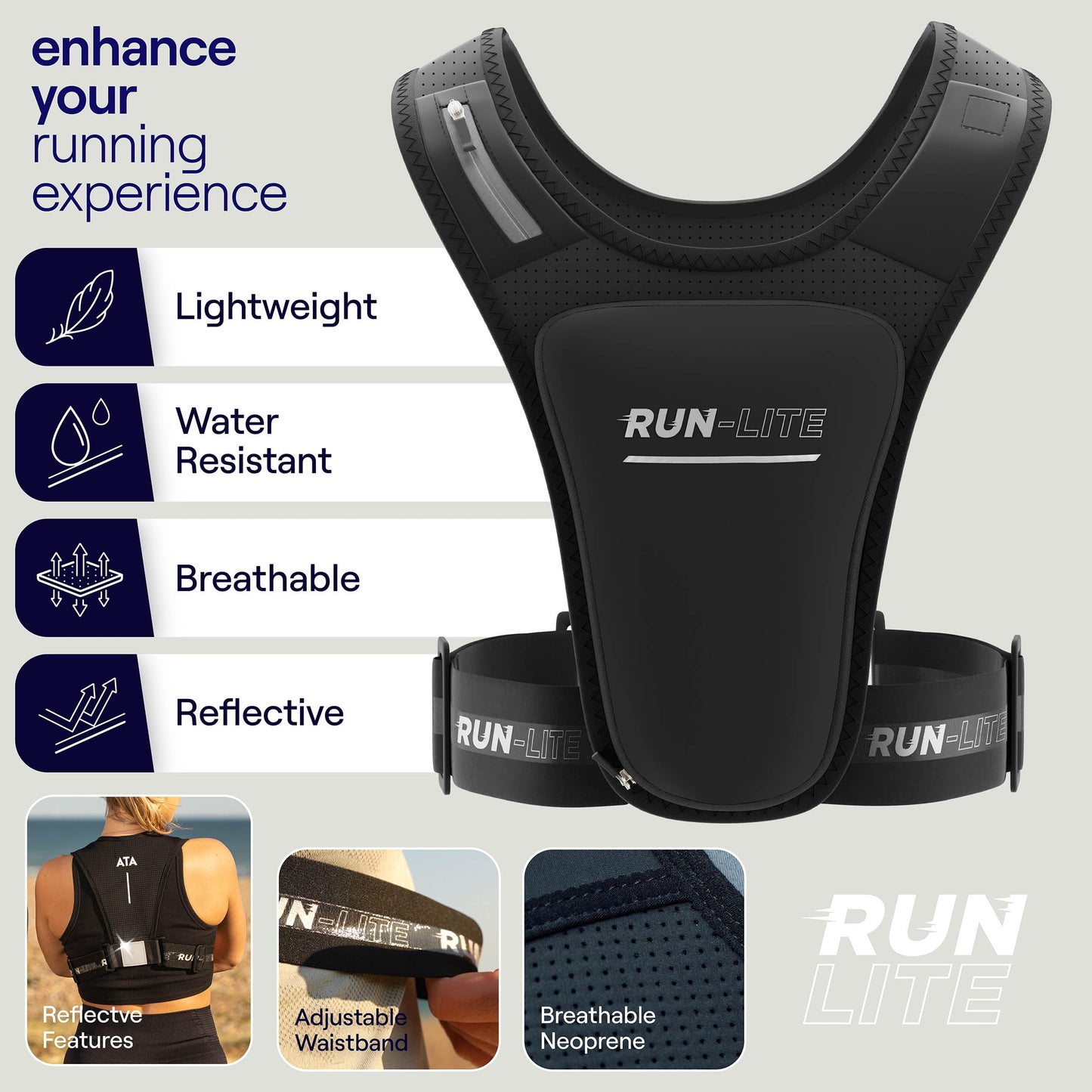 Running Vest with Phone Holder & Waterproof Pouch – Adjustable Belt Fits 28"–44" Chest – Reflective Gear with 2 Shoulder Pockets for Keys, Gels, Phones up to 6.8” (Unisex Adult)