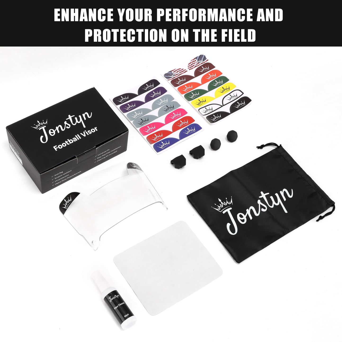 JONSTYN Football Visor with Anti-Fog Clear Shield, 15 Stickers & Storage Bag | Scratch-Resistant, Polycarbonate, Anti-Reflective, Durable & Easy to Install | Universal Fit for Youth & Adult Helmets