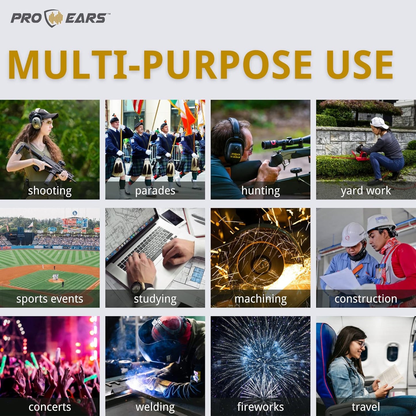 Pro Ears Pro Tac Slim Gold Ear Muffs, Military Grade Electronic Hearing Protection & Amplification, DLSC Tech, Made in USA