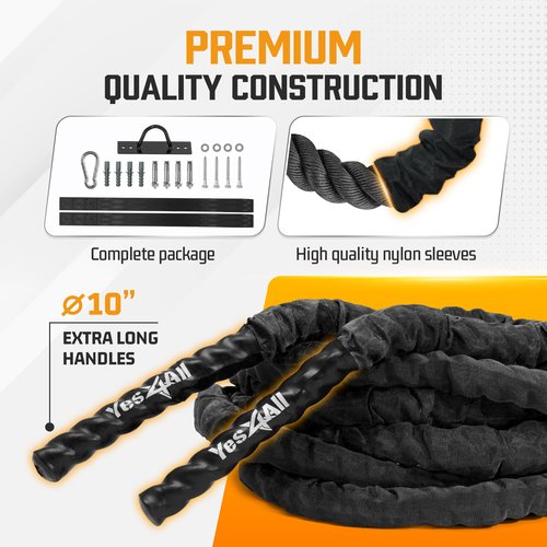 Yes4All Battle Rope with Protective Cover – Steel Anchor & Strap Included - Poly Dacron 2in - 30ft