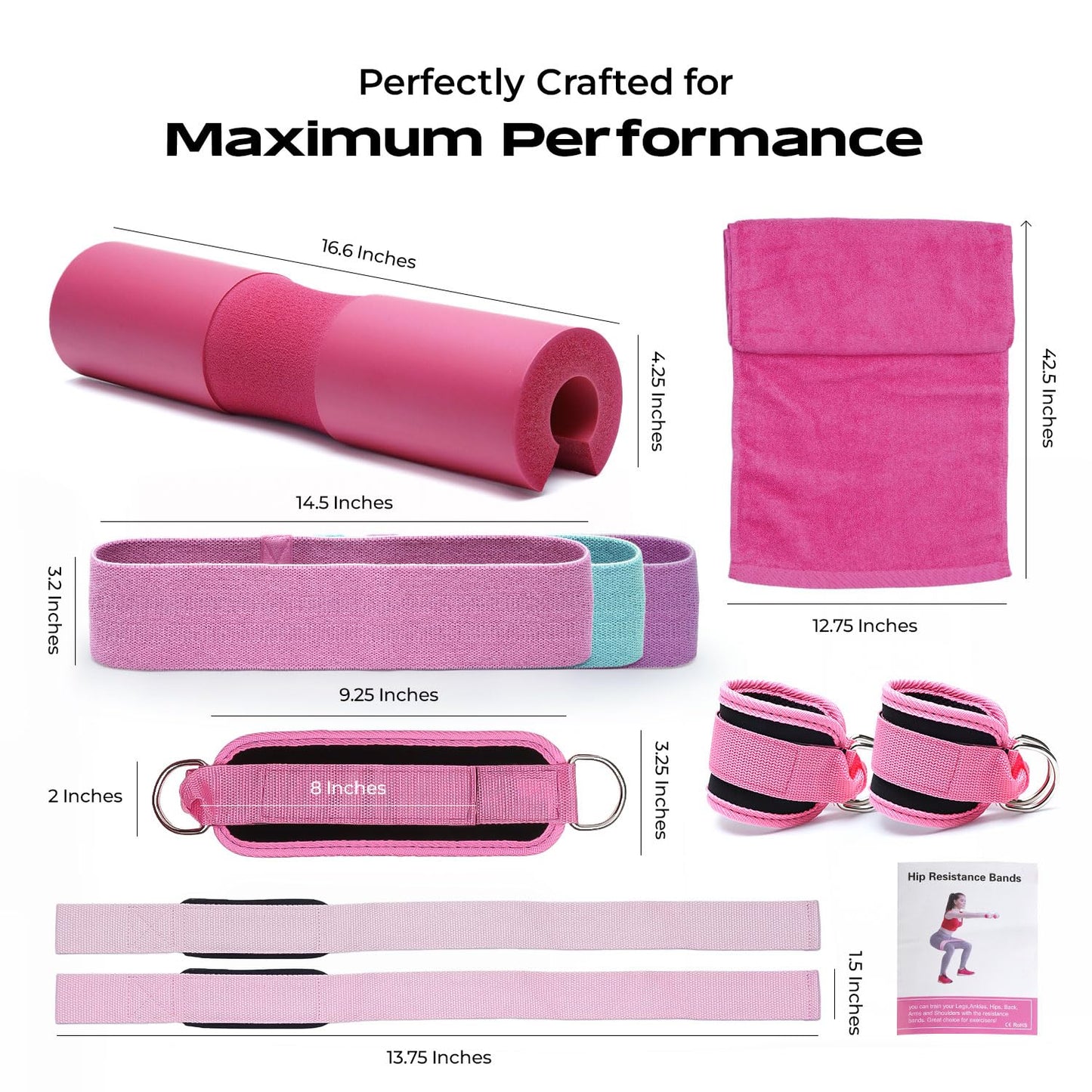 11 Pcs Barbell Pad Set, Gym Accessories Barbell Squat Pad for Hip Thrusts, Lunges,Leg Day,2 Gym Ankle Safety Straps,3 Resistance Bands & 2 Lifting Straps,Barbell Pad with Carry Bag, Towel & Guide Book