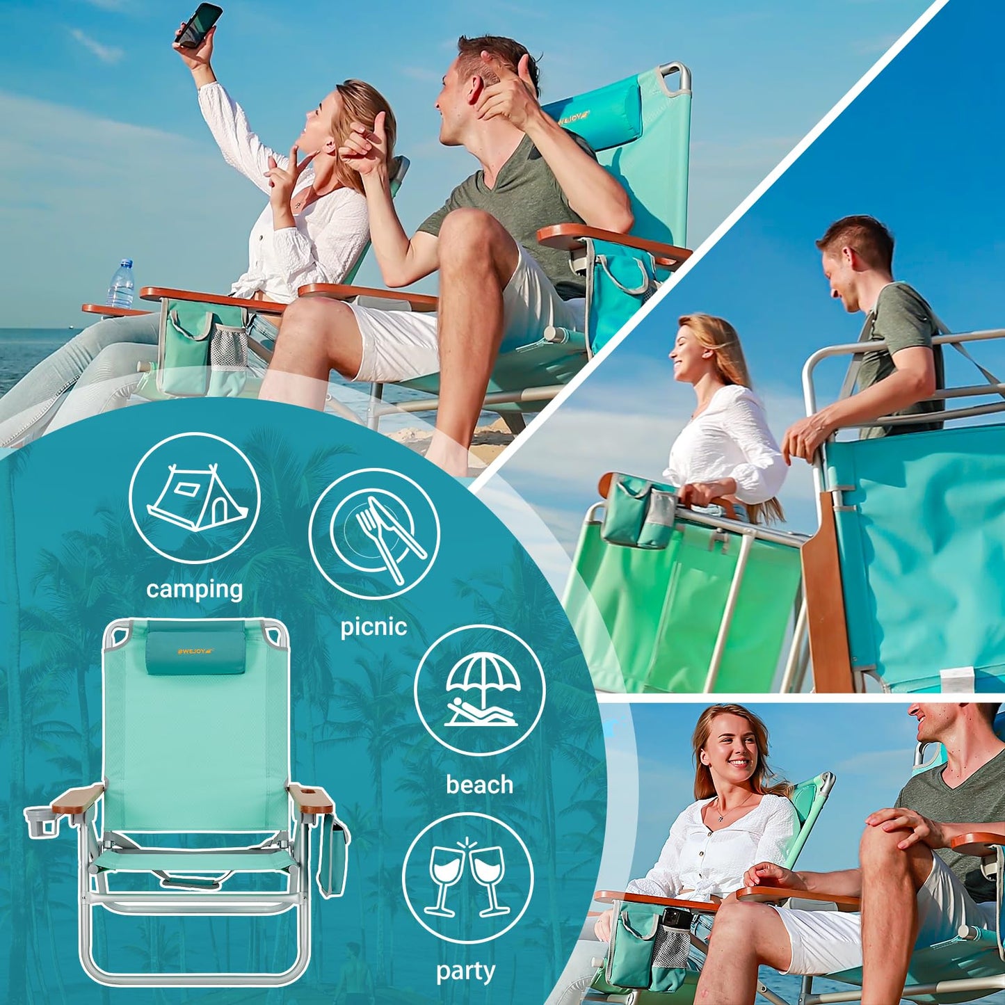 #WEJOY Folding Beach Chair for Adults 4 Position Aluminum Beach Chair with Headrest, Wooden Armrests, Cup Holder for Outdoor Camp Lawn Picnic BBQ Support 300LBS Backpack Folding Reclining Beach Chairs