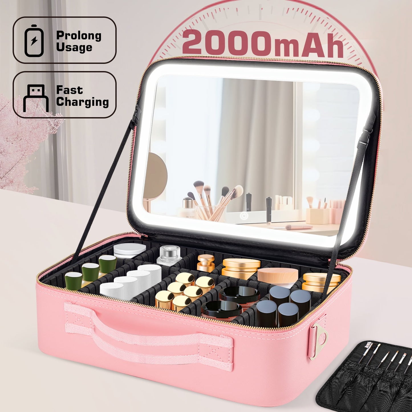 LED Makeup Bag with Mirror | 14.6" X 10.3" Travel Cosmetic Organizer – Adjustable Brightness