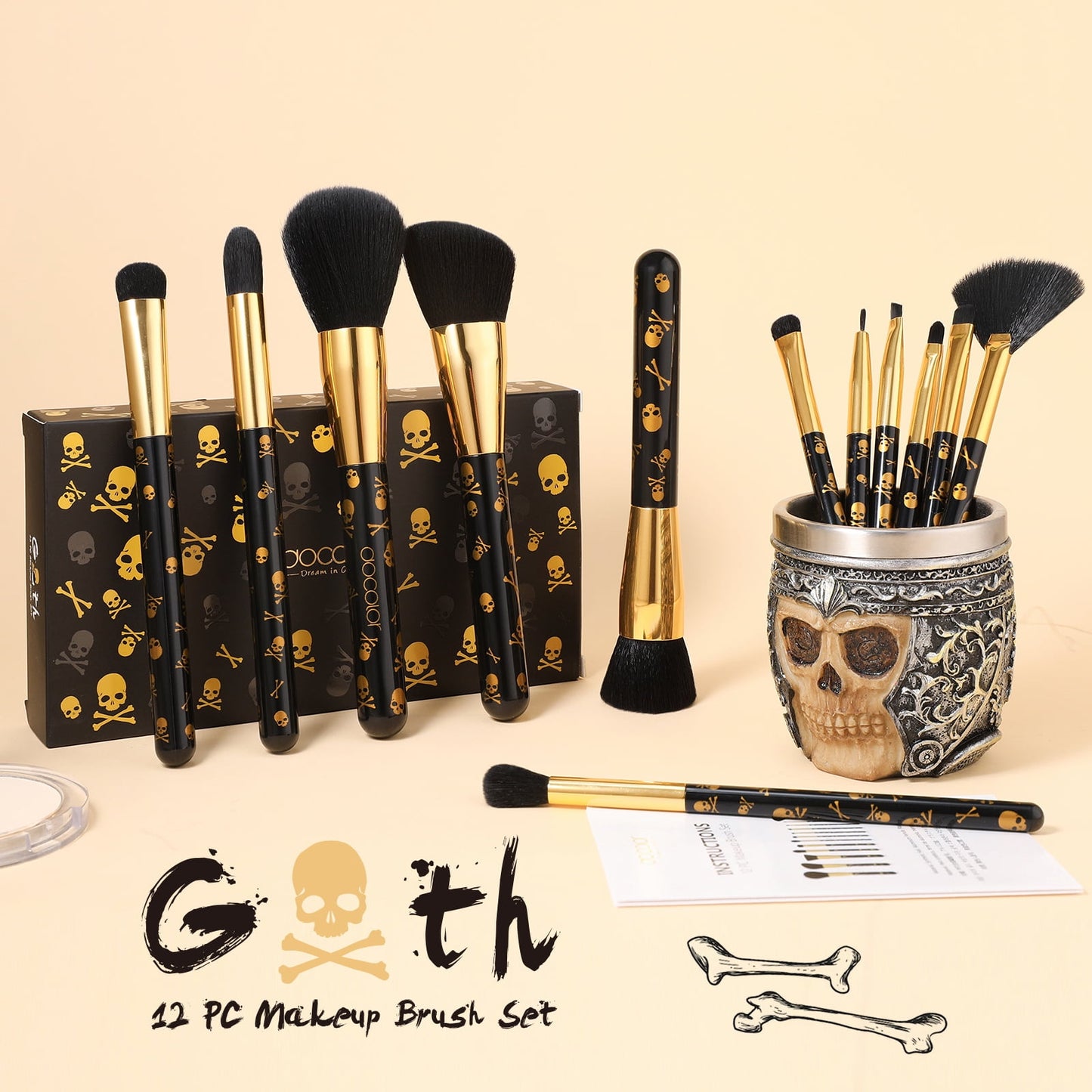12-Piece Skull Makeup Brush Set | Gothic Professional Brushes in Gift Box