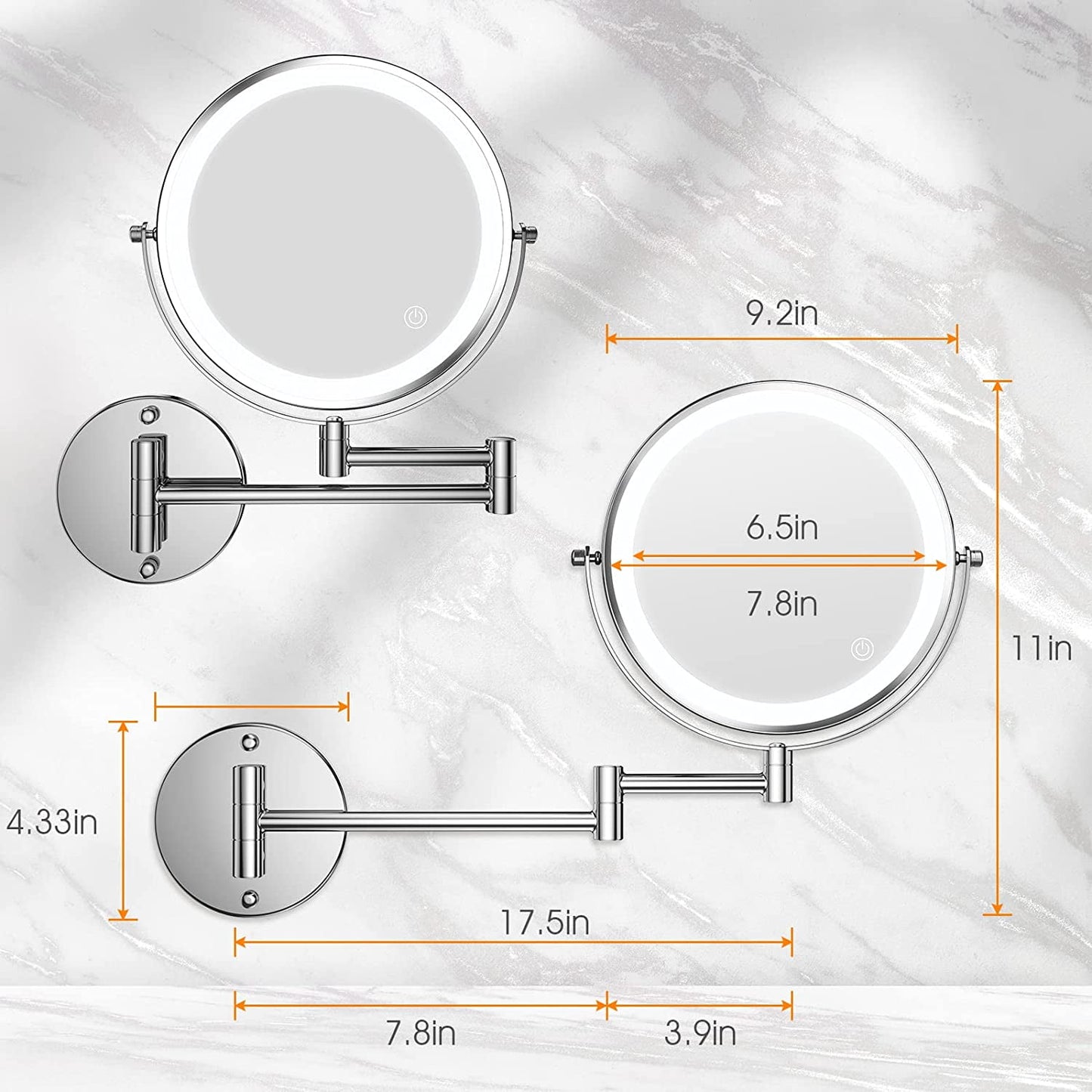 Lighted Wall Mounted Makeup Mirror | 8-Inch Extendable 1x/10x Magnification