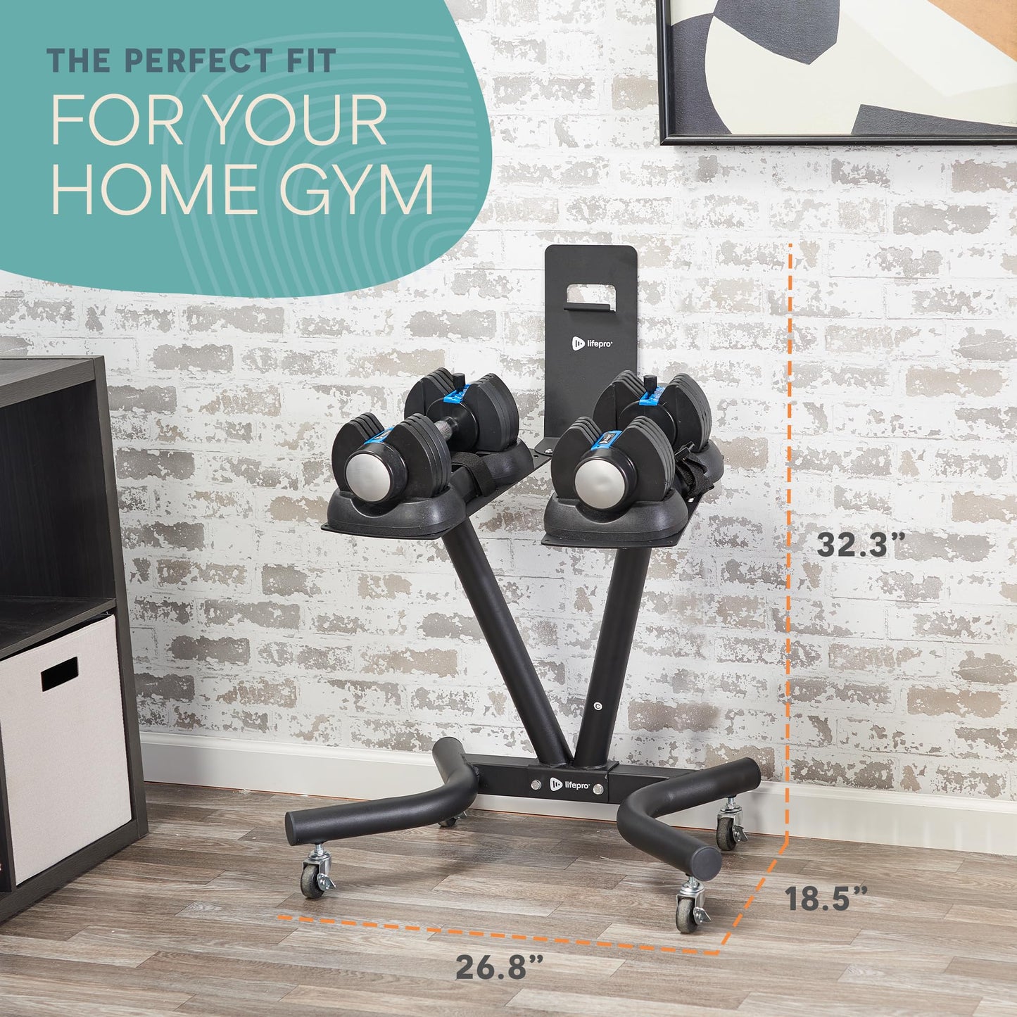 Lifepro Adjustable Dumbbell Stand Rack - Compatible with PowerFlow Plus, PowerUp Plus, and for More Brands- Phone Holder, featured Castors - Home Gym Storage and Convenient Strength Training