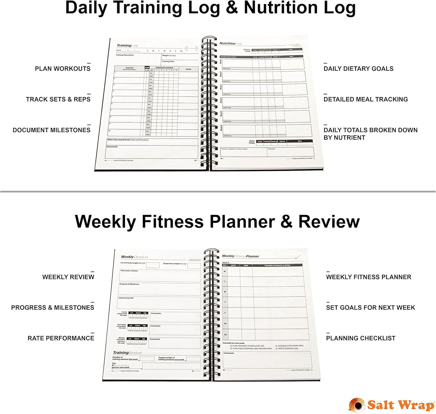 SaltWrap Daily Fitness Planner - Gym Workout Training Log, Weightlifting Exercise Journal, and Food/Diet Tracker - Daily and Weekly Pages, Goal Tracking, Spiral-Bound, 7 x 10 inches