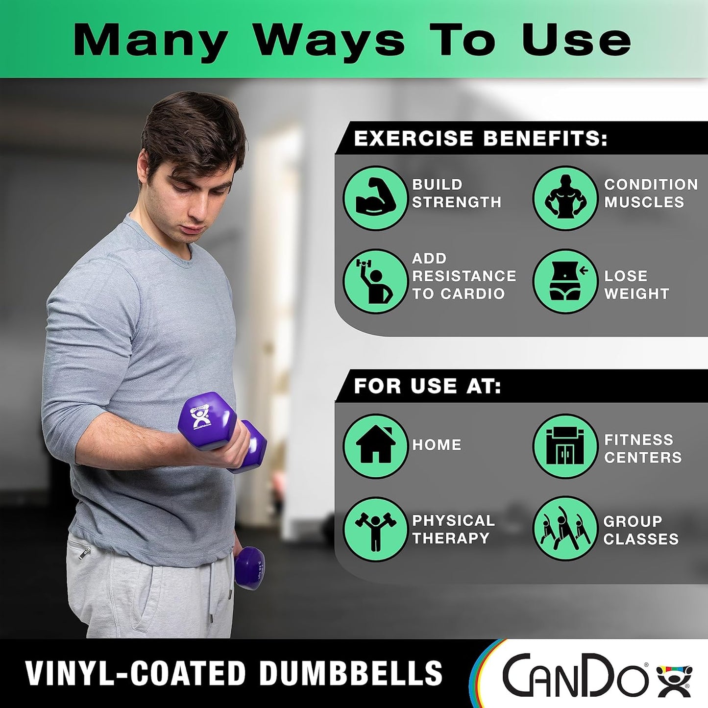 CanDo Vinyl Coated Dumbbells Pair Green 3 lb 2pc Handheld Weights for Muscle Training and Workouts, Color Coded Anti-Roll Home Gym Equipment, Beginner and Pro