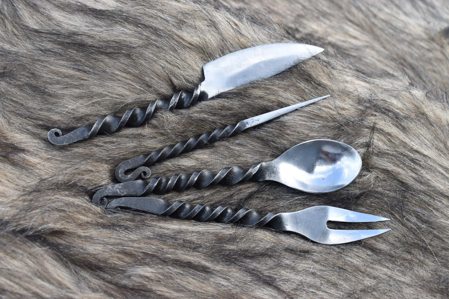 Viking Traders Hand Forged Twisted Medieval Eating Utensil Set | Functional Fork Knife Spoon And Food Stick | Medieval Eating Set, With Genuine Leather Carrying Pouch - Set 4