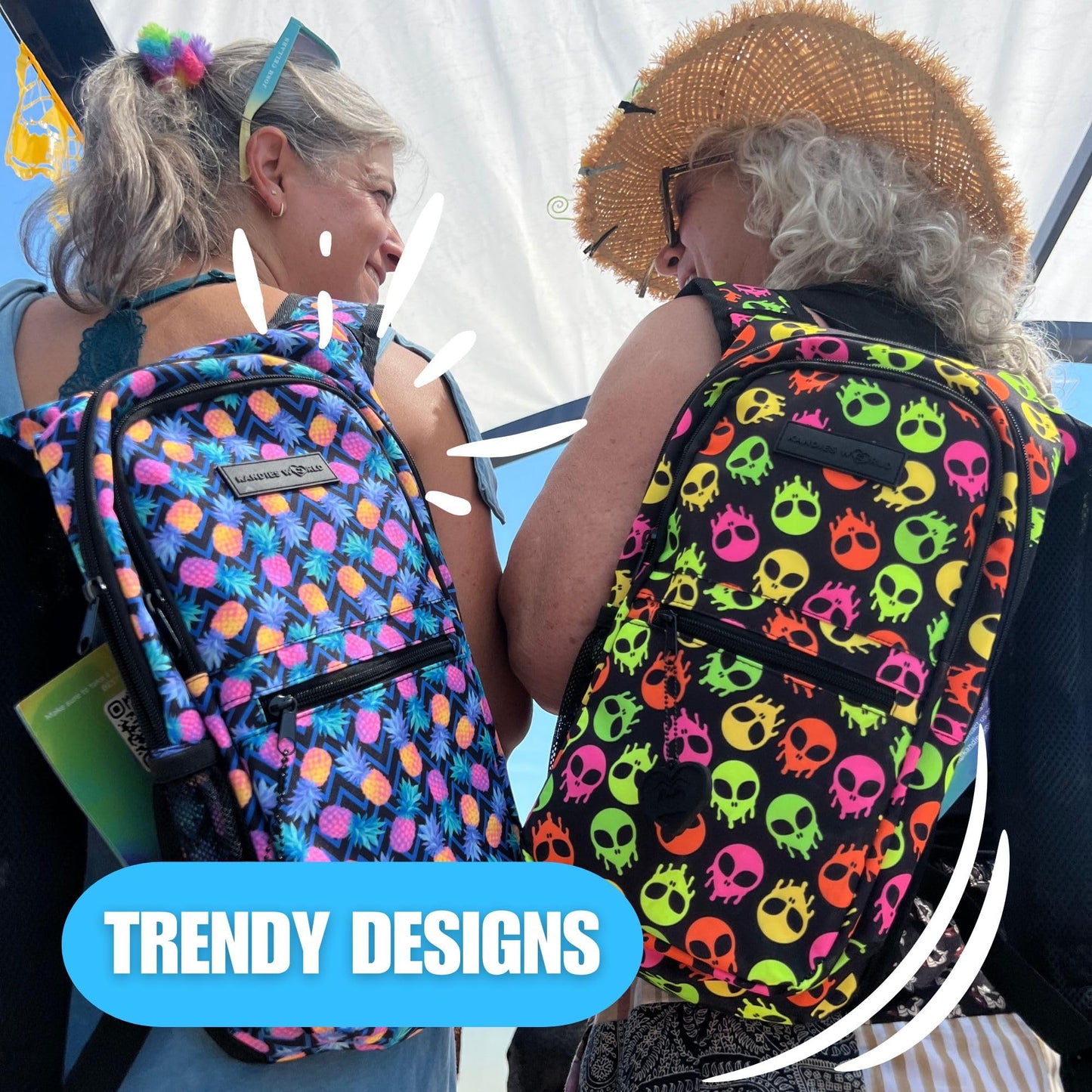 Kandies World Reflective Festival Hydration Pack - 2L Water Bladder for Raves, Hiking, Biking, Running, and More (Multi-Pocket Design) (Skull Alien)