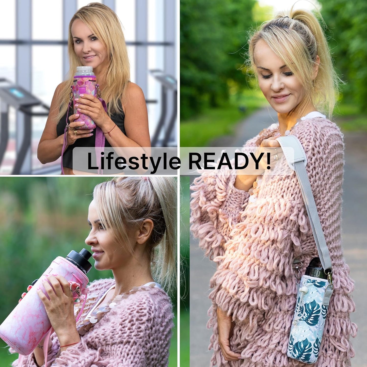 Insulated Neoprene Water Bottle Carrier | Adjustable Sling Pouch | Black, Large