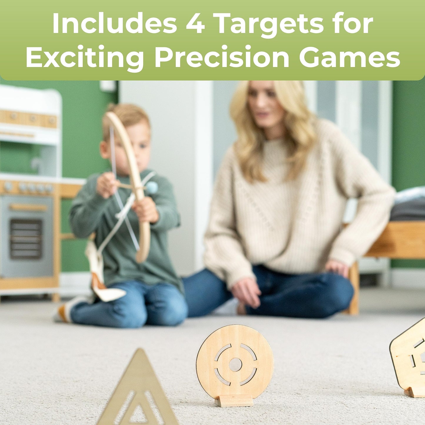 BOWRILLA® Kids Bow and Arrow Set | Wooden Archery Toy for Boys & Girls Aged 3-7, Bow and Arrow for Kids | Includes 5 Arrows, 4 Targets, Cotton Quiver | Indoor & Outdoor Play