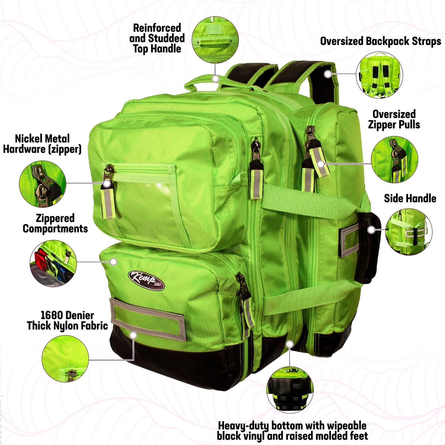 Kemp USA Ultimate EMS Backpack - Emergency Supplies - EMT Bag Fits BLS/ALS Equipment and D Tank Oxygen Cylinder - Multiple Grab Points, Chest & Waist Support Straps & Color-Coded Pouches (Neon Green)