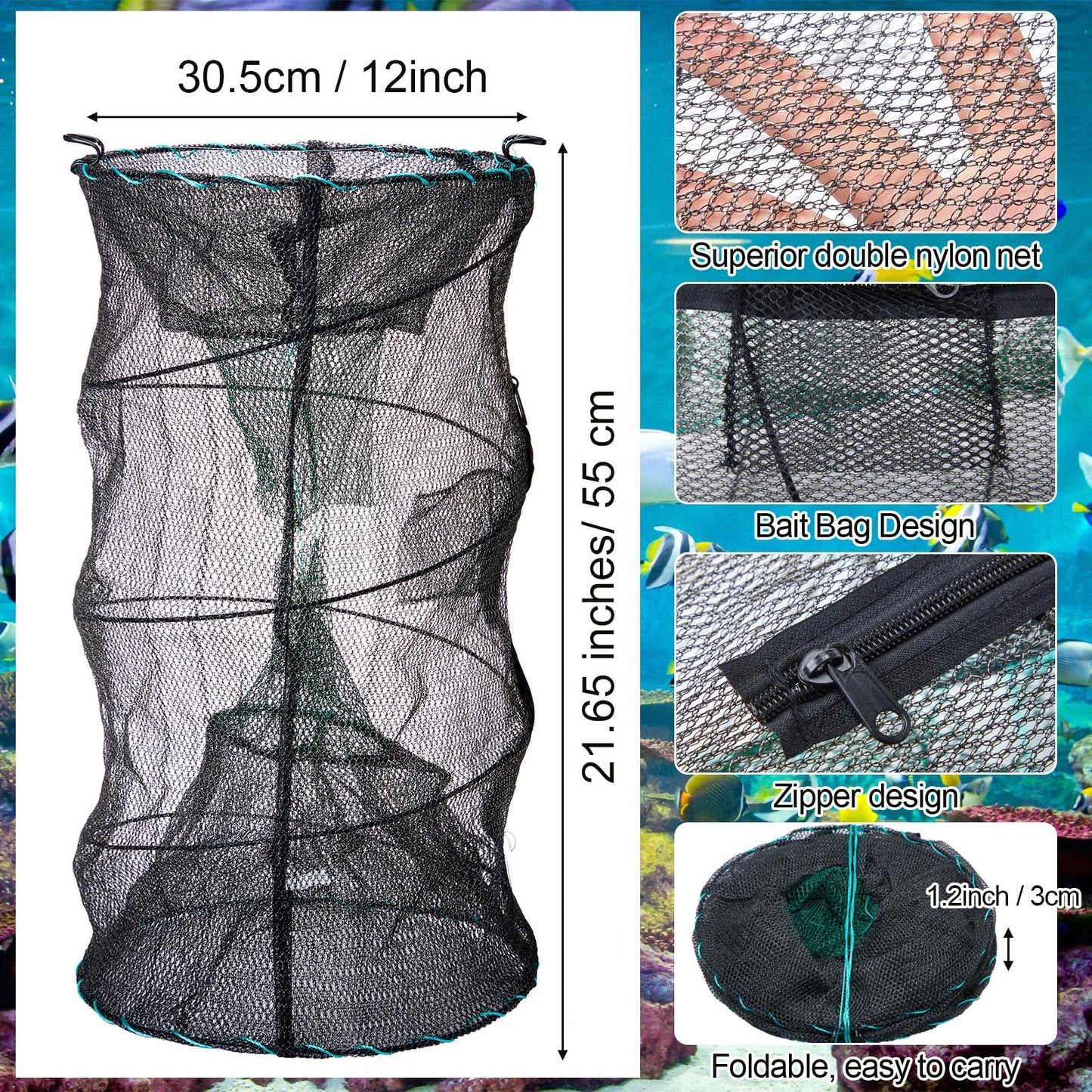 Woanger 3 Pcs Minnow Trap, Include 2 Fishing Bait Trap 1 Cylindrical Hexagon Crab Crawfish Trap, Lobster Shrimp Collapsible Cast Nets Portable Folded Fishing Accessories,12x21.65 Inches