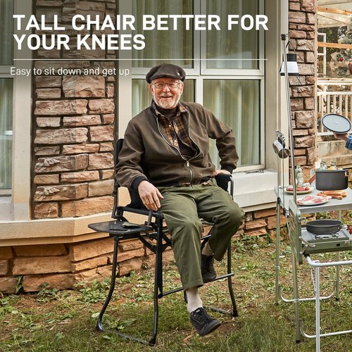 EVER ADVANCED Portable 30.7" Seat Height Tall Folding Camping Chair Directors Chair High Foldable Bar Stool with Side Table for Makeup Artist, Sports Event, Craft Show, Supports 350LBS Black Grey