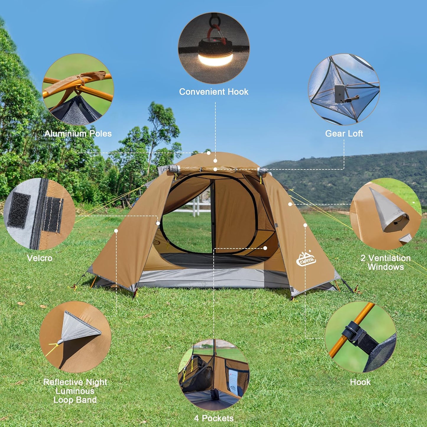 2-3 Person Backpacking Tent with Double Door 2 Vestibule, Waterproof Windproof Lightweight Easy Set Up 3 Season 2 Man Two Person Tent for Camping, Hiking, Motorcycle, Mountaineering with UPF 50+