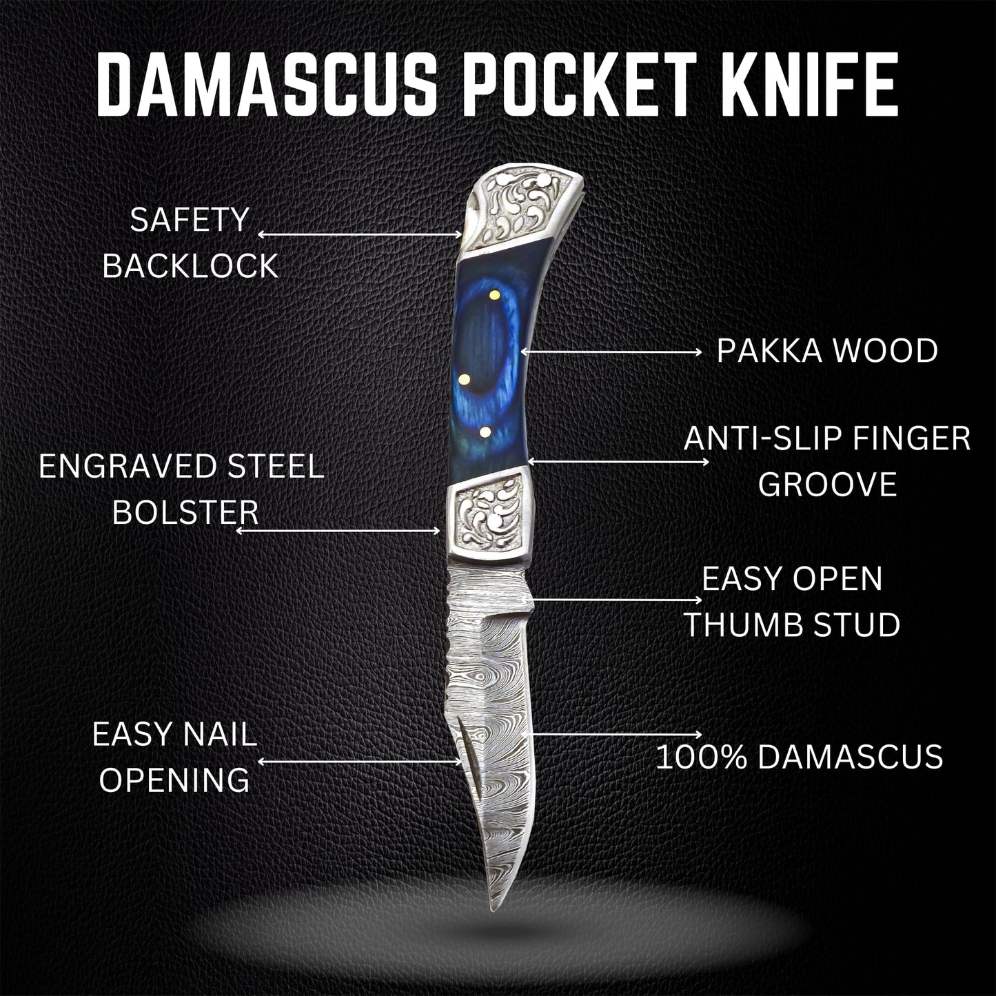 Handmade Damascus Pocket Knife for Men - 7.2 Inches Engraved Steel Damascus Folding Pocket Knife with Belt Holster - Pocket Knives & Folding Knives with Sheath & Back Lock - EDC Knife Pocket.(Blue)