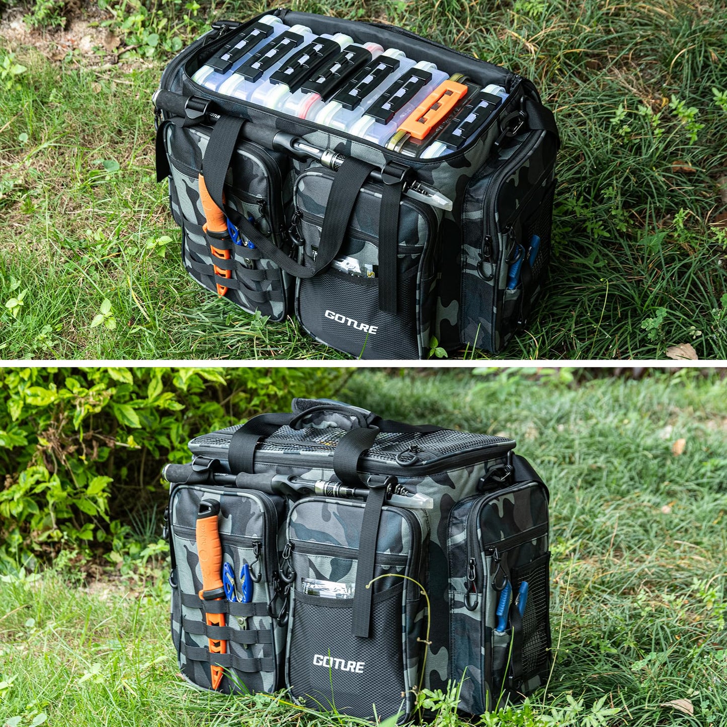 Goture Large Tackle Bag,Store Up to 8PCS 3700 Plus 4PCS 3600 Tackle Trays(Not Included),Water Resistant Saltwater Gear Storage Big Fishing Bag with EVA Bottom,Gifts for Men(21.65"x11.8"x15.16")-Camo