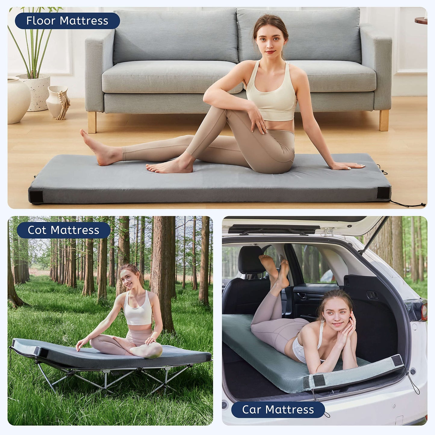 HomeMate Memory Foam Camping Cot Mattress Pad Mat-Sleeping Pad Mat Portable Roll Up Travel Mattress CertiPUR-US for Adults-Camping Bed for Guests Floor Tent Sleepover with Waterproof Cover Travel Bag