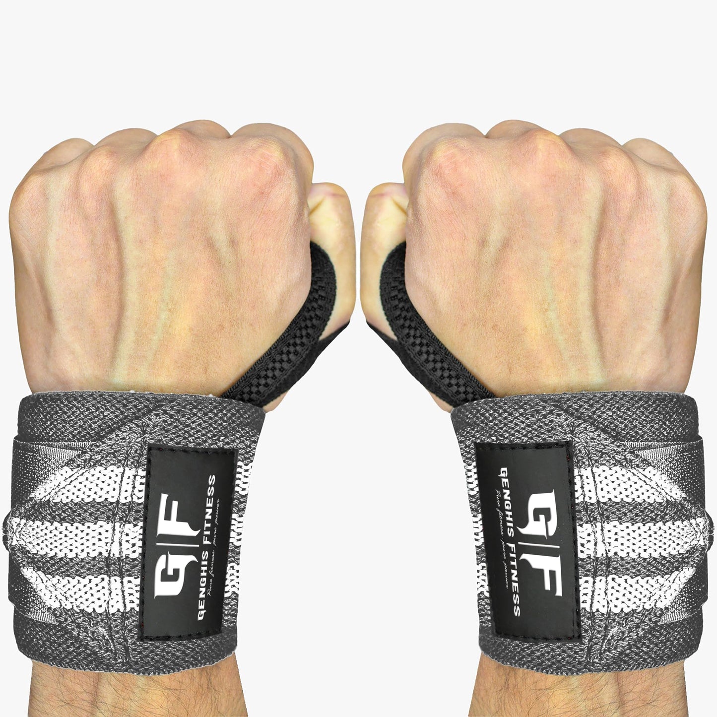 Genghisfitness Weightlifting Wrist Wraps Pair For Powerlifting (12", Grey with White Stripes)