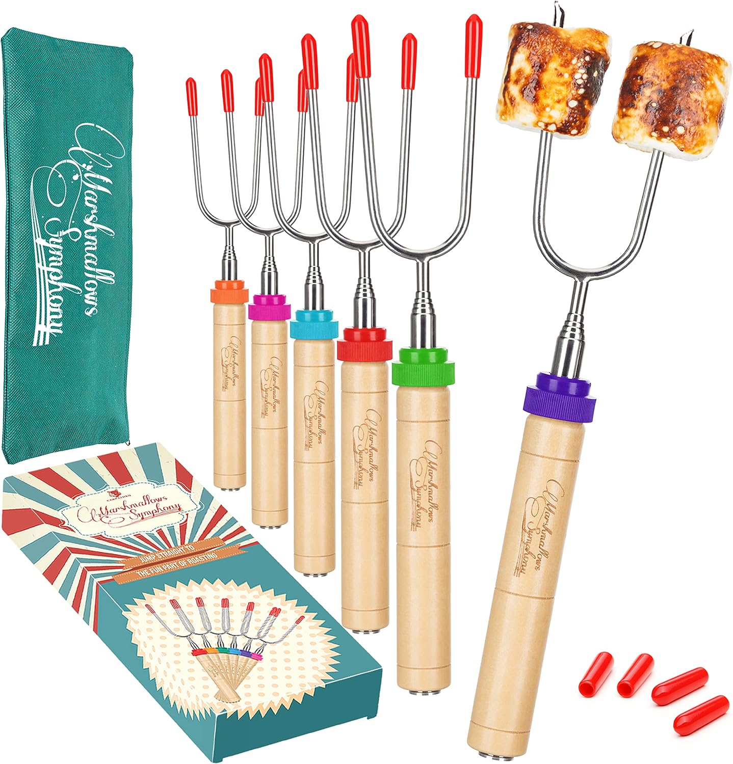 CARPATHEN Marshmallow Roasting Sticks - Set of 6 Premium Rotating Smores Sticks - Extra Long Telescoping Marshmallow Sticks for Fire Pit, Campfire & Bonfire - Camping Accessories