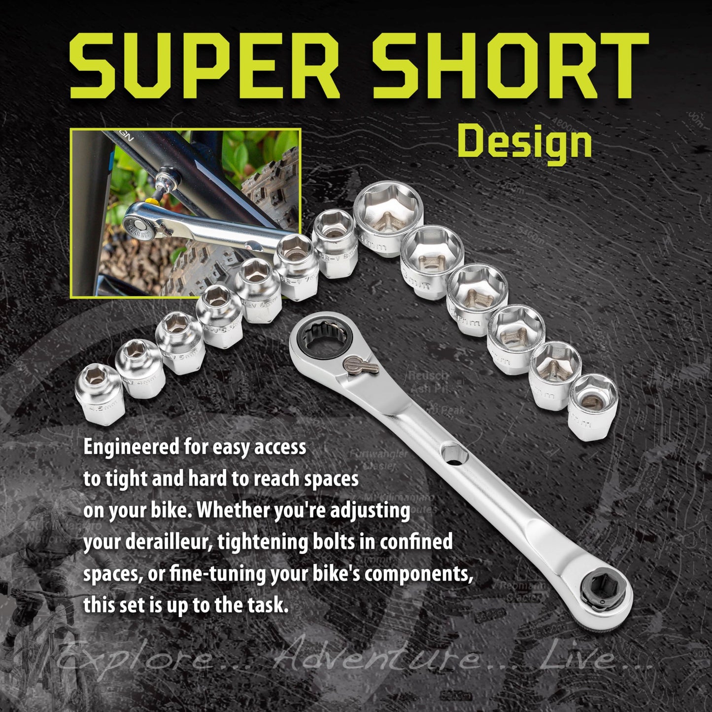 Kilimanjaro 30-Piece Bicycle Double Ratchet Wrench and Socket Set – Super Short Bike Tool Kit with Ratchet Wrench, Hex, Torx & Bits for Tight Spaces – Compact & Portable Maintenance Kit – 910547ECE