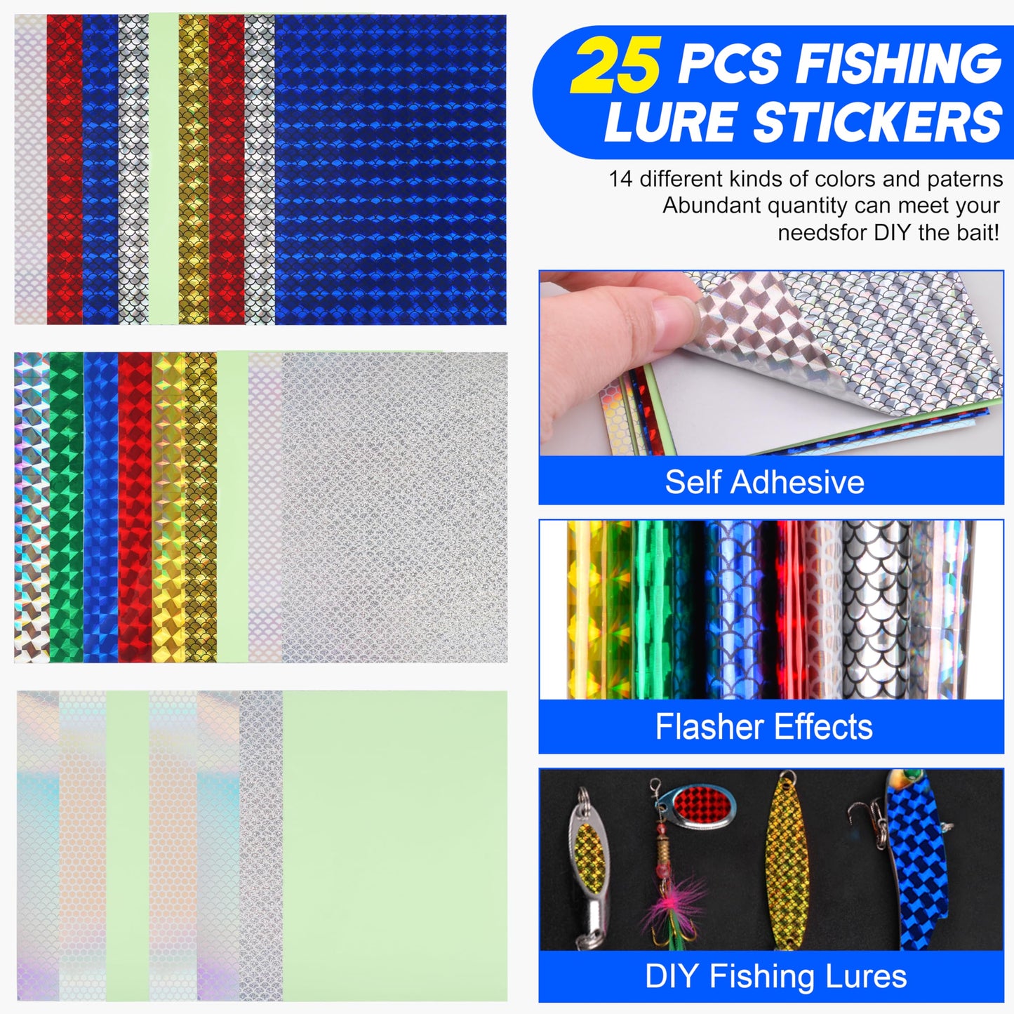 Fishing Lure Stickers Fishing Eyes Kit, 352pcs 3D 4D 5D Artificial Fishing Lure Eyes Adhesive Holographic Fish Scale Lure Tapes for Fly Tying Lures Crafts DIY Materials Tool