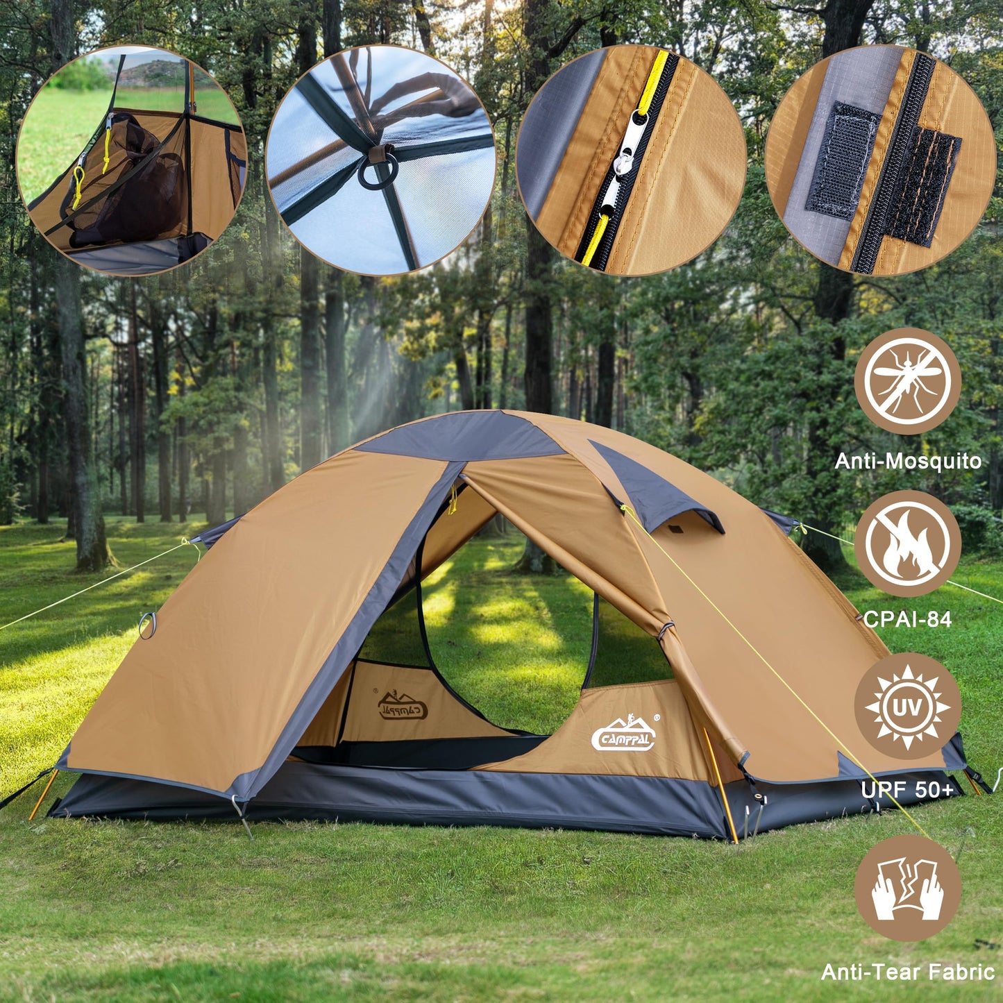 2 Person Backpacking Tent, Waterproof Windproof Two Person Tent, Lightweight Easy Setup 2 Man Tent for Camping, Hiking, Biking, Cycling, Motorbiking, Mountaineering - Khaki