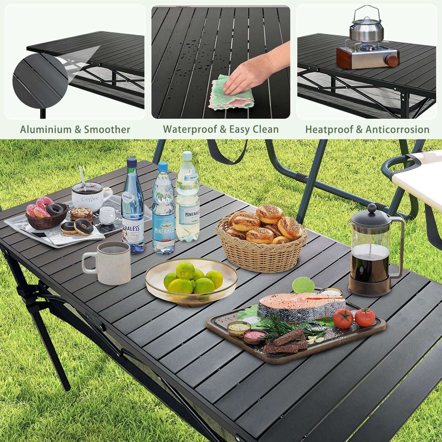 POEPORE Large Folding Camping Table Aluminum with Storage for 4-6 People 55"X27.5" Roll Up Tall Outdoor Portable Table Lightweight with Carry Bag for Picnic BBQ Backyard Beach