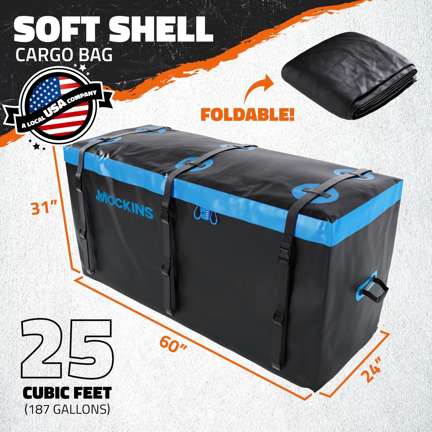 Mockins 25 CuFt Large Trailer Hitch Cargo Carrier Bag | 60"x24"x31" All Weather Cargo Bag for Hitch Carrier | Waterproof Luggage Bag for Truck Bed Storage | Vehicle Soft Shell Carriers w/Accessories