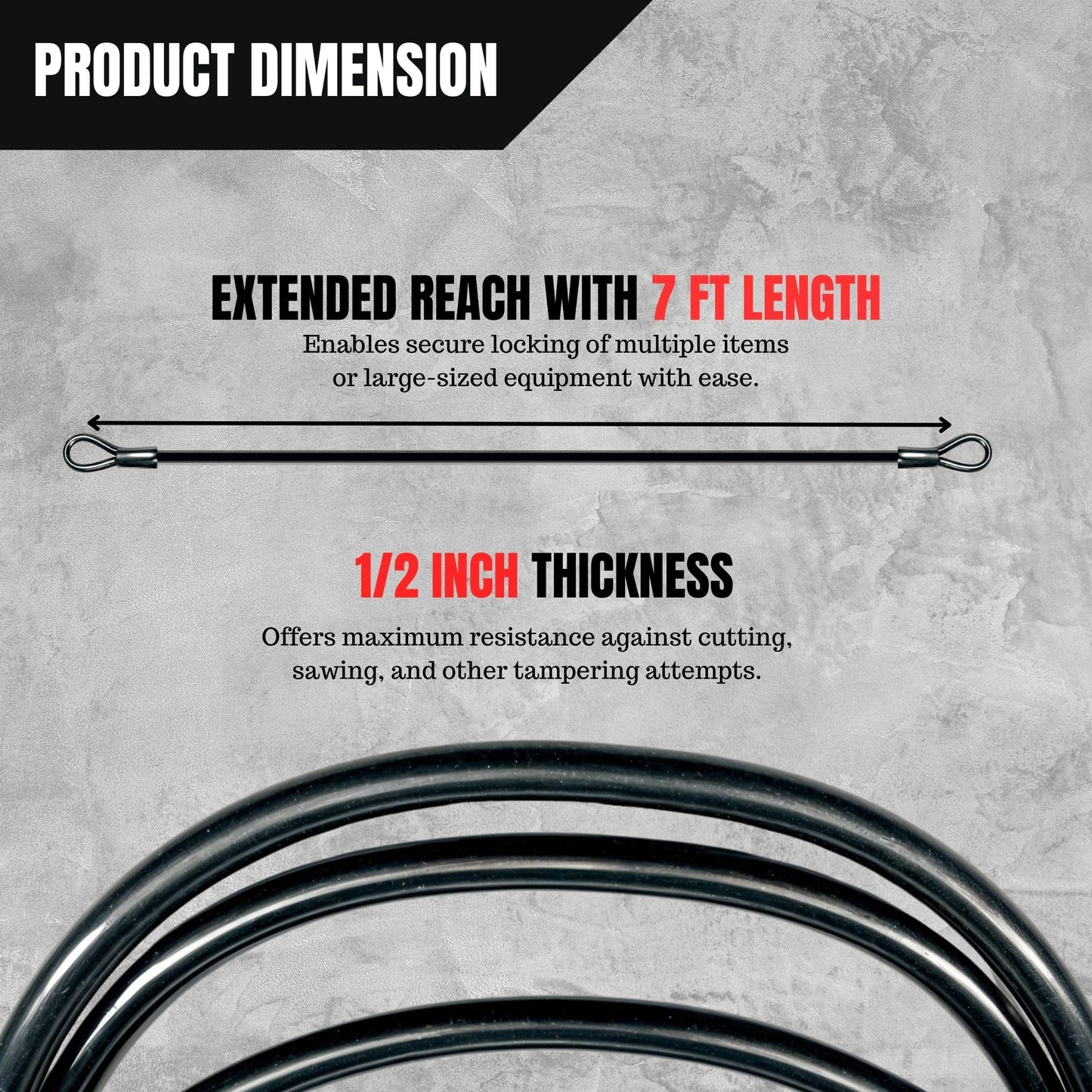 Performore Heavy-Duty Security Cable with Looped Ends 7-Foot Black Steel Cable 1/2-Inch Thick PVC-Coated Anti-Theft Locking Cord Weatherproof Design with Waterproof Storage Bag