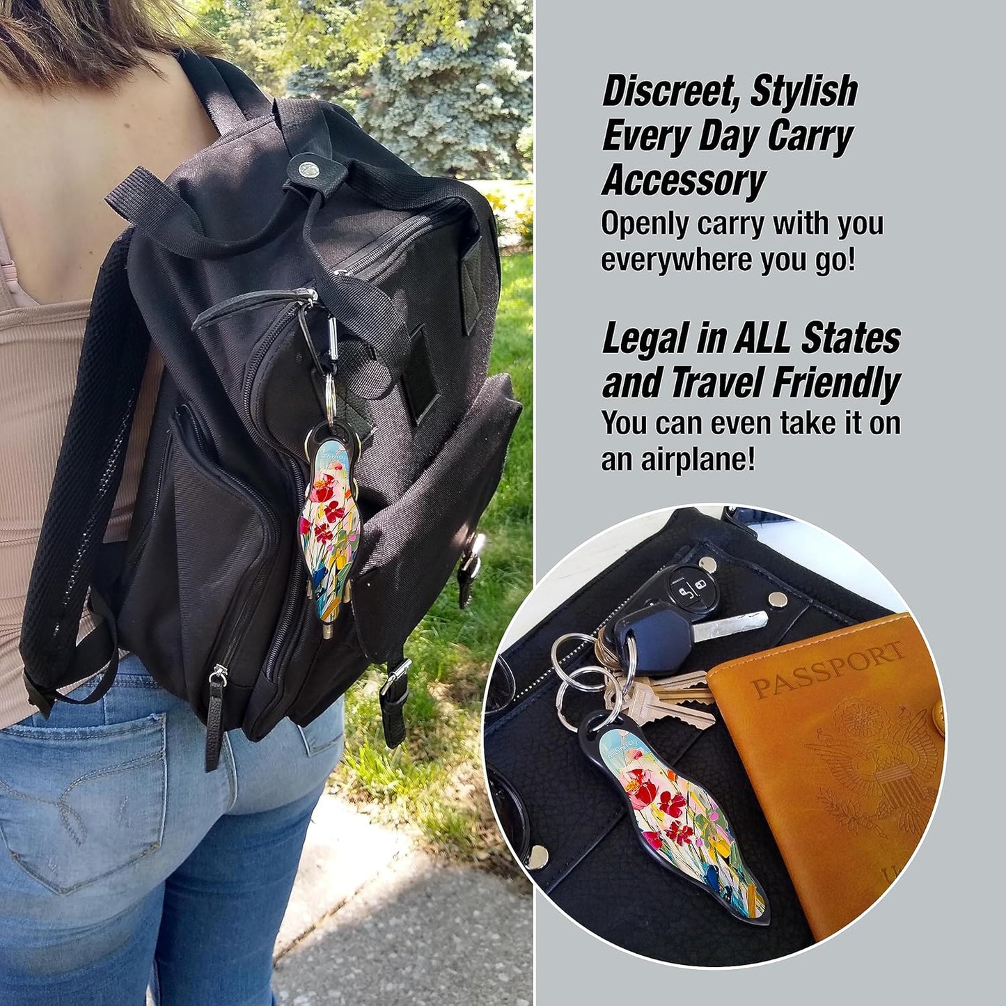 MUNIO Self Defense Keychain – Lightweight, Stylish & Portable Safety Tool for Women & Men – Non-Lethal Kubotan, Easy to Use, TSA Approved – Made in USA – Modern Flowers Design