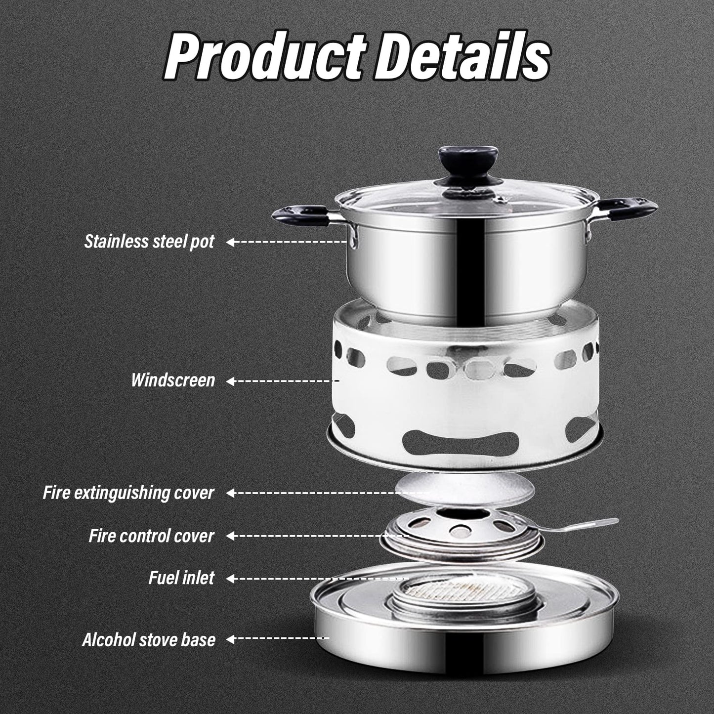 Hot Pot Alcohol Stove, Spirit Cooker with Pot, Camping Stoves Set, Gas Stovetop, Easy to Carry, No Power Required, Stainless Steel Liquid Stove, Camping Cooker for Indoor Outdoor Camping Hiking(18CM)