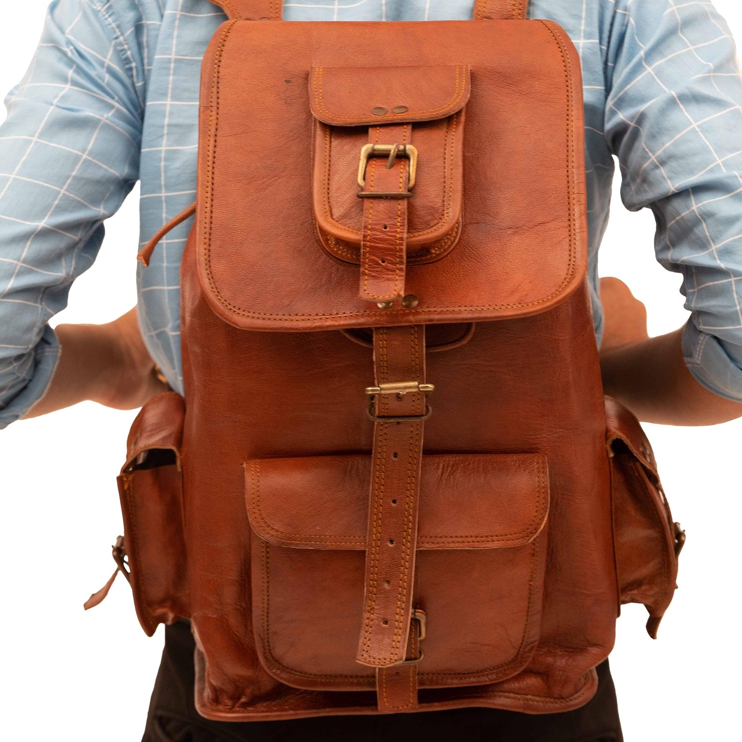 Shy Shy Let's Touch The Sky Rustic Vintage Leather Backpack Travel Rucksack knapsack Daypack Bag for Men Women Brown (24 inch)