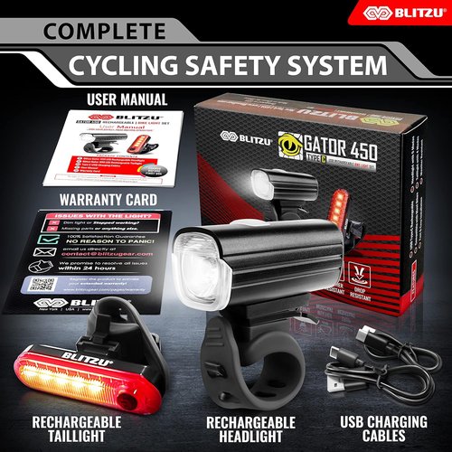 BLITZU Gator 450 Bike Lights Set – USB-C Rechargeable Headlight & Taillight with Reflectors for Night Riding