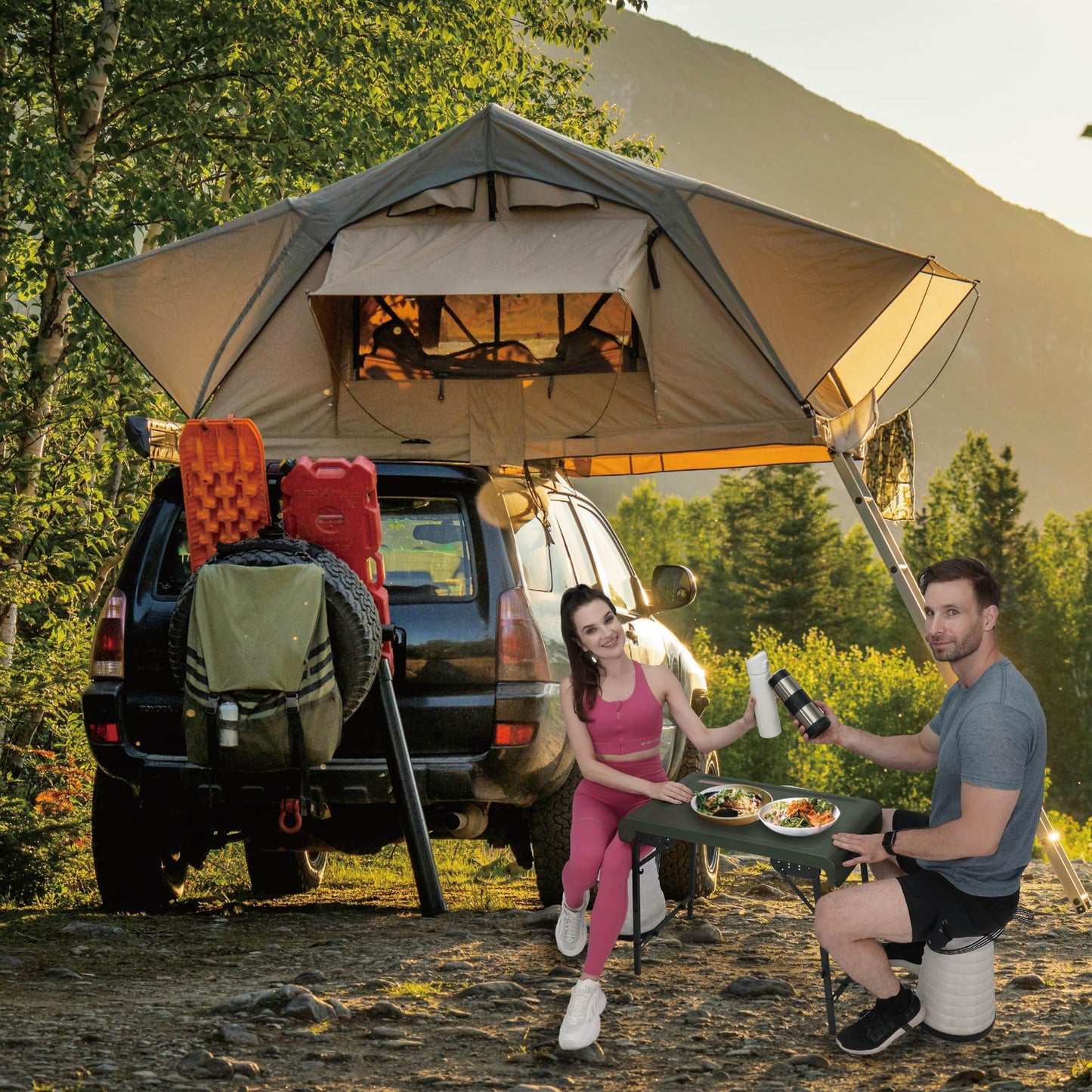 HYPERAX Camping Table & Collapsible Stool Set – Folding Table with 2 Portable Stools for Outdoor Cooking, Camping, Picnics, Beach, Boating, and Travel(Green)