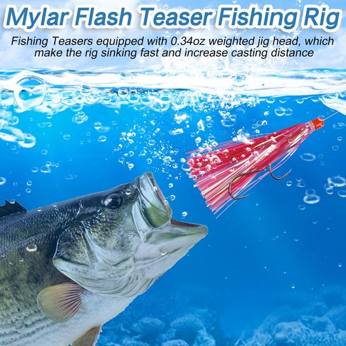 Mylar Flash Teaser Tail Fishing Teasers Weighted Jig Heads Fishing Bait Bullet Sinker Head 0.35 Ounce with Mylar Flash Skirts Hair Lure 8pcs/Pack