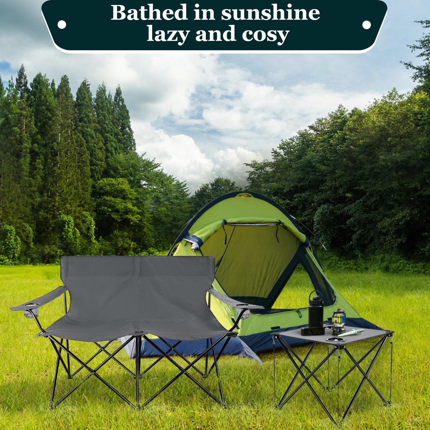 Leonyo Double Camping Chair, Loveseat Camping Chair with Folding Table, 2 Person Outdoor Folding Beach Chairs for Adults, Cup Holders & Carry Bag for Outside Travel, Supports 500lbs, Grey