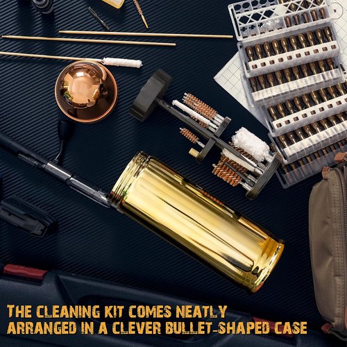 Deluxe Gun Cleaning Kit with Registered Trademarked Aluminum Bullet Shaped Storage Case, Cleaning Tools to Effectively Maintain Handguns, Shotguns and Rifles.