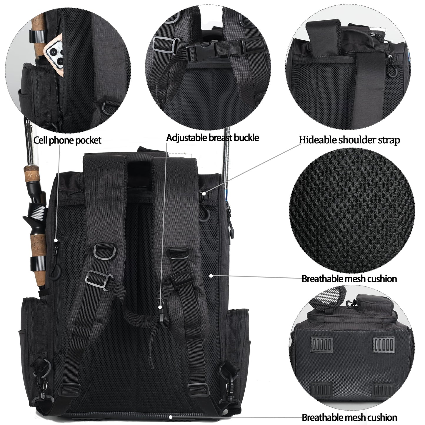 LEOMOO Fishing Tackle Backpack With Rod Holders, 40L Large Backpack for Fishing, Camping, Hiking