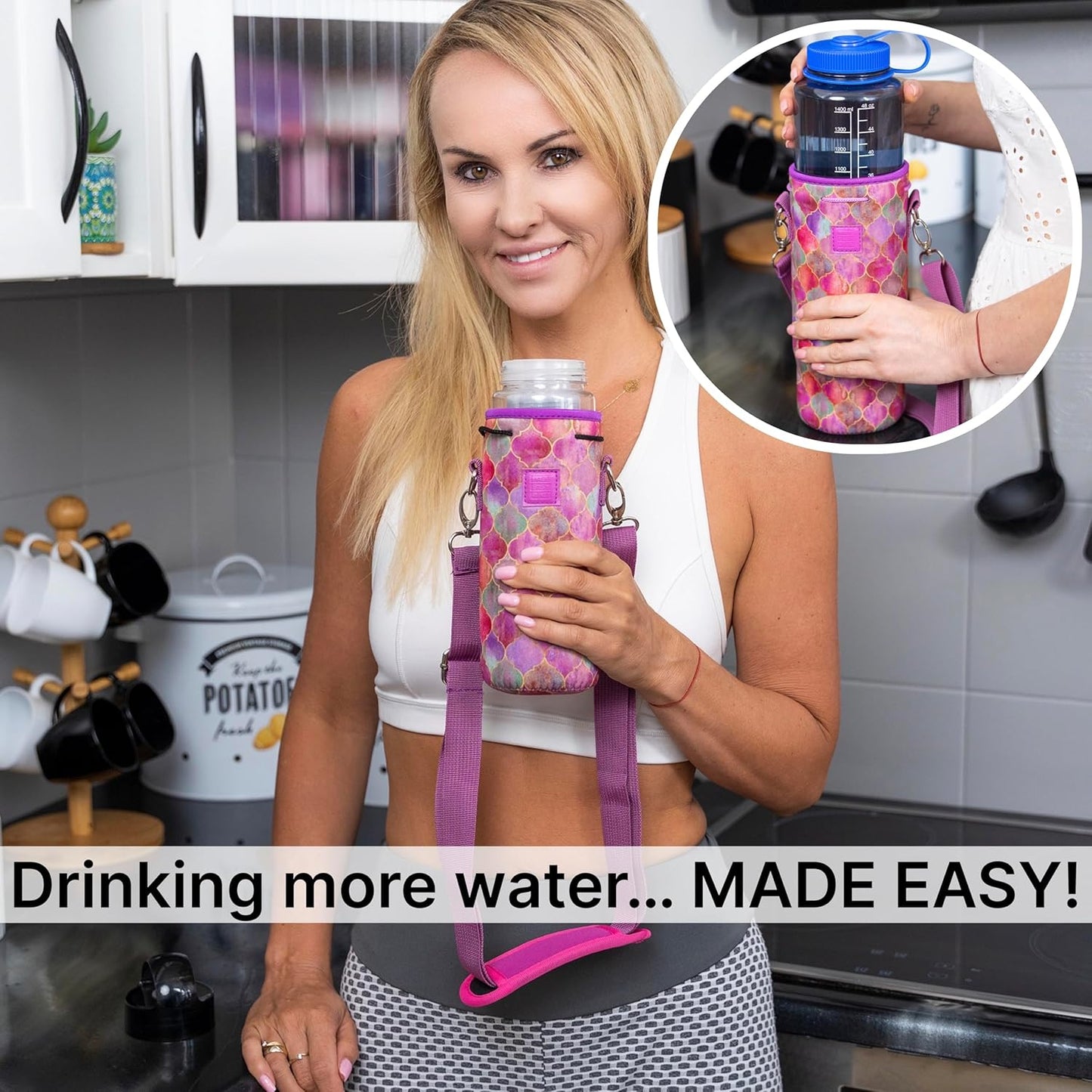 Insulated Neoprene Water Bottle Carrier | Adjustable Sling Pouch | Black, Large