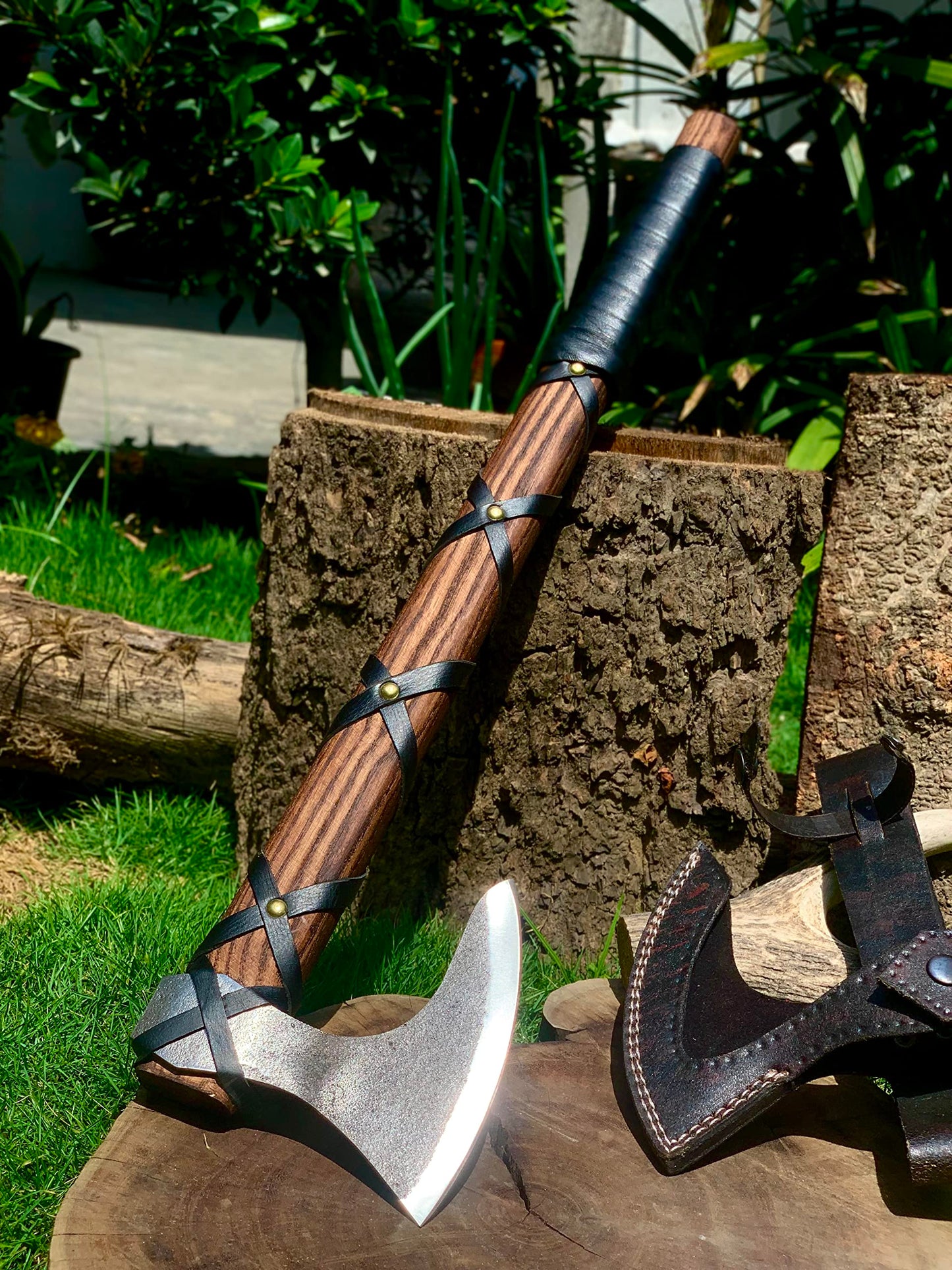 22-Inch Hand-Forged Viking Bearded Axe with Sheath – Survival & Camping Hatchet for Men – Best Gift (Brown Ragnar)