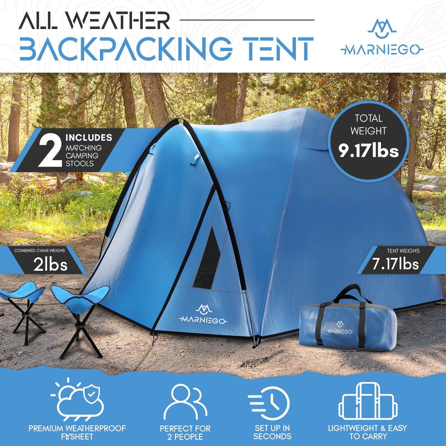 Pop Up Tents for Camping & Hiking - 2 Person & 1 Person Ultralight Tents