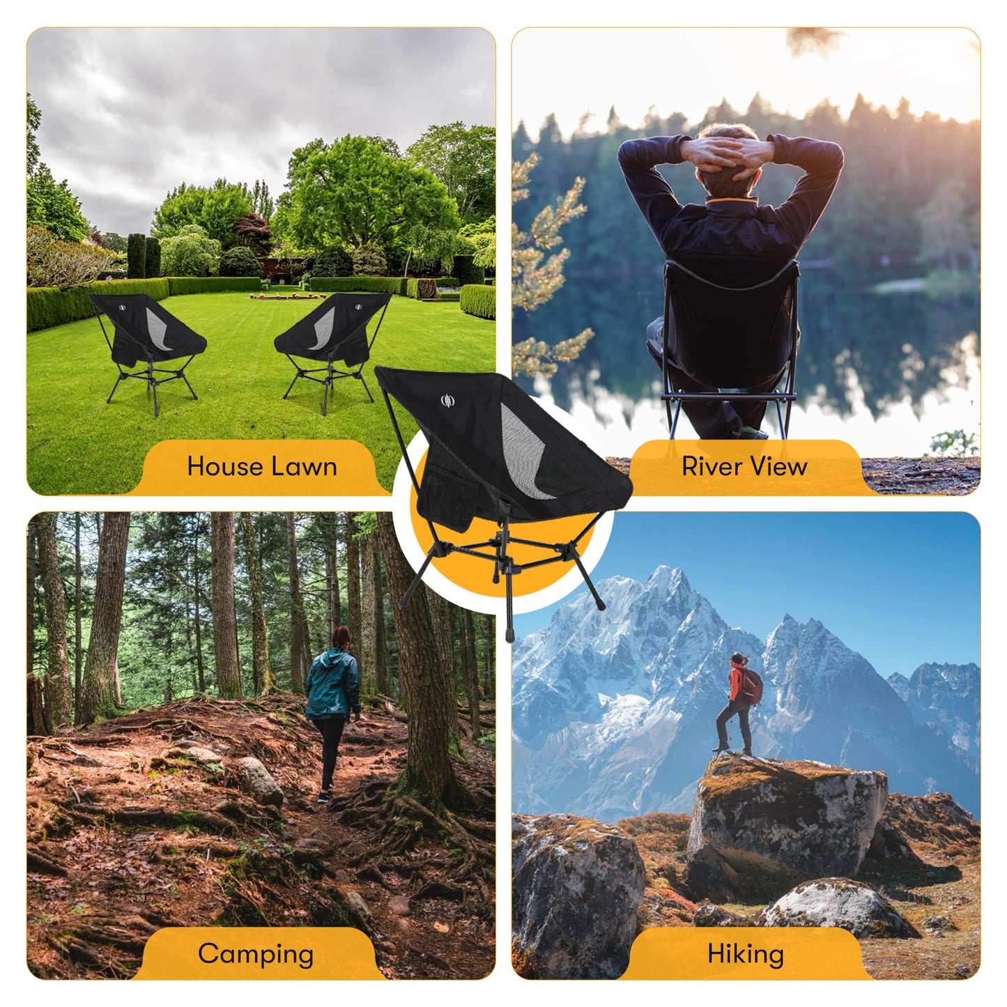D-LO Ultralight Camping Chair - Black - Upgraded Dual Pocket - High Strength 600D Oxford Fabric - 7075 Aluminum Alloy - Great for Camping, Hiking, Lounging
