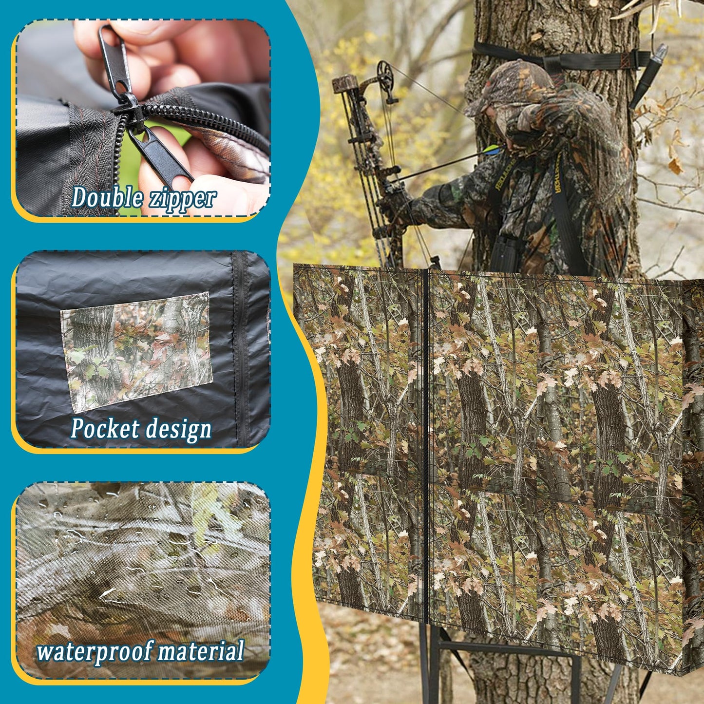 142"X37.5" Hunting Tree Stand Blinds for Deer Hunting Universal Camo Tree Ladder Stand Blind Kit with Zipper and 2 Pockets Tree Stand Cover for Hunting Deer, Elk, Hunting Blind & Accessories
